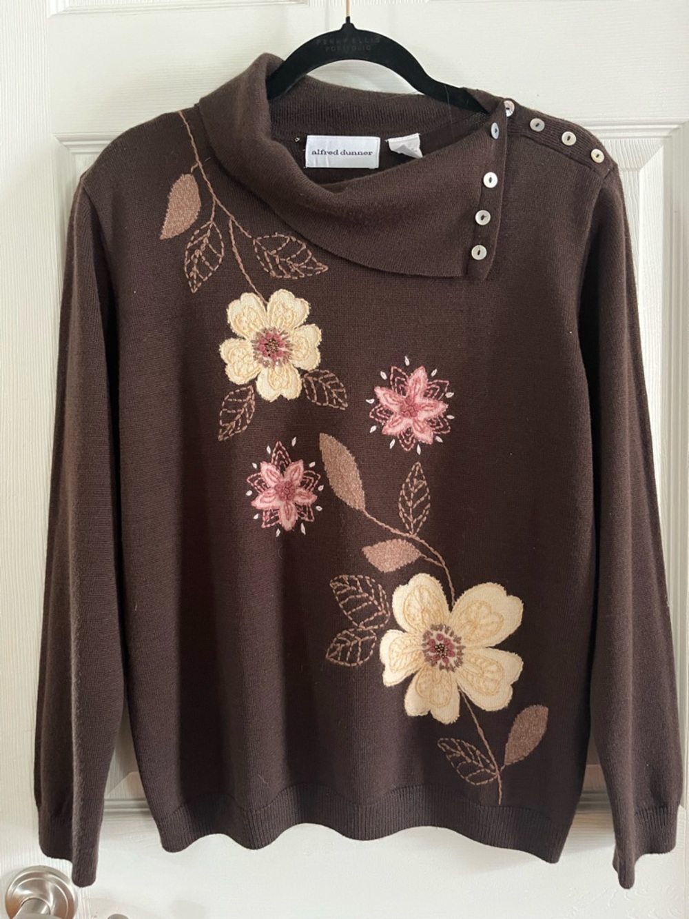 Alfred Dunner Brown Cowlneck Sweater with Pink and Cream Floral Embroidery